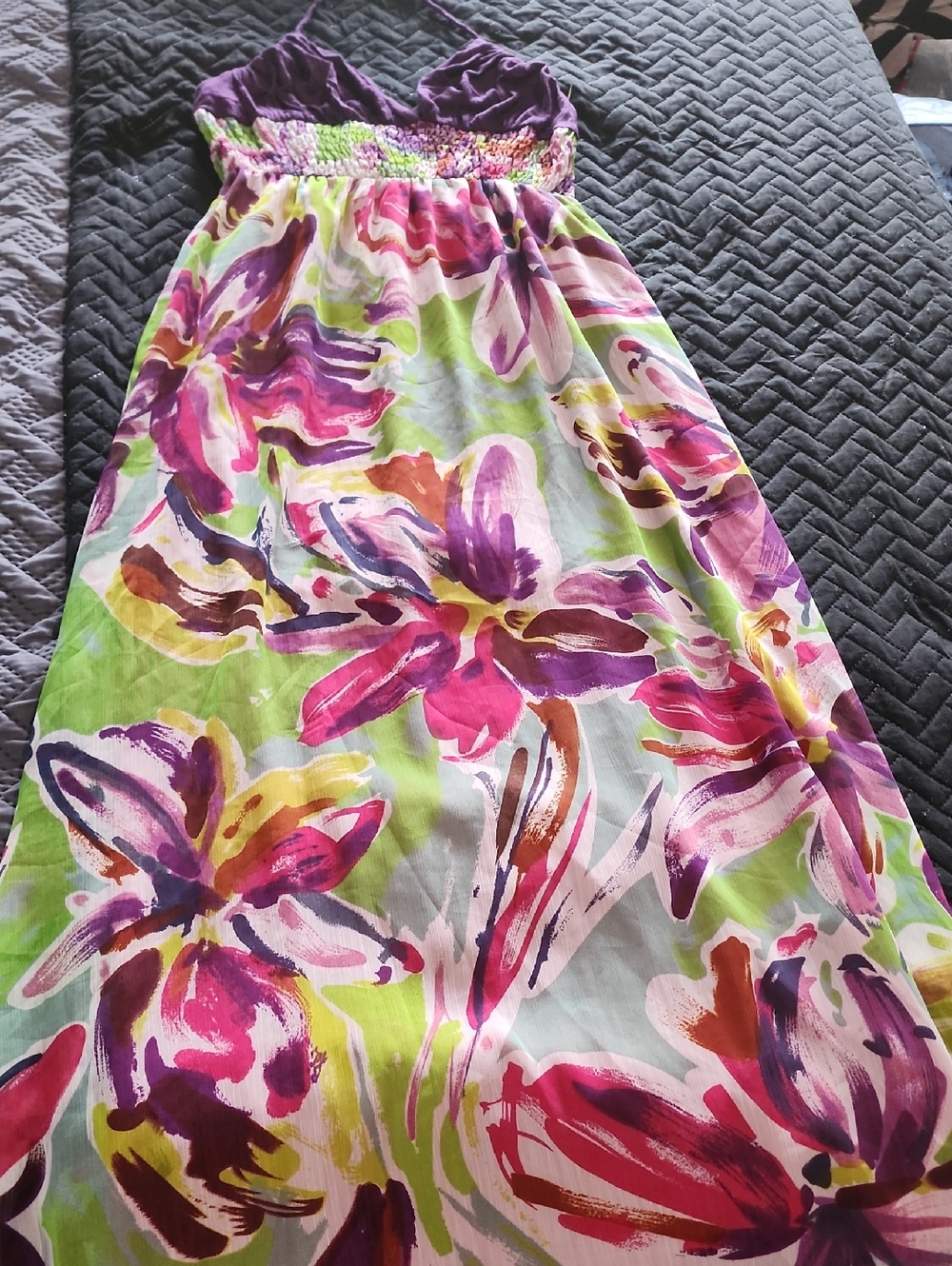 Twenty Purple Bodice Floral Maxi Dress with Pink and Lime Accents